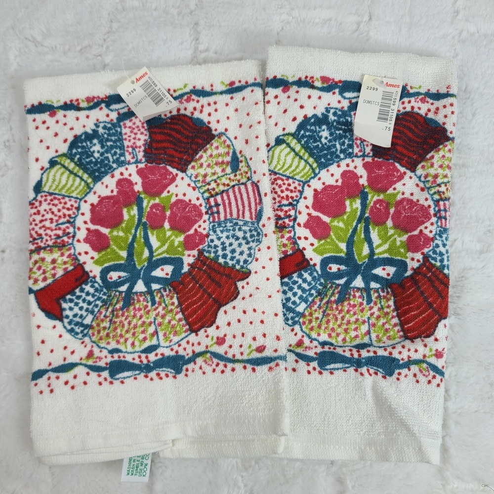 2 Vintage Hand Towels from Ames Department Store NWT white floral design